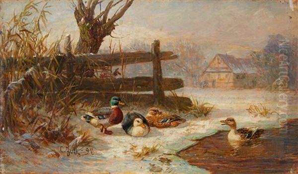 Ducks By A Pond Oil Painting by Carl Jutz the Elder