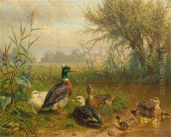 Poultry By A Pond Oil Painting by Carl Jutz the Elder