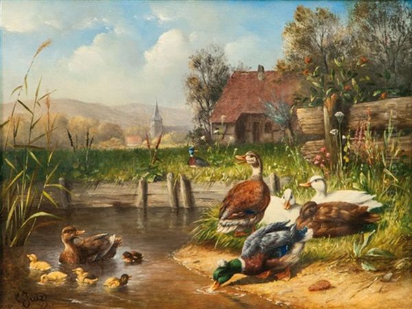 Ducks By The Water Oil Painting by Carl Jutz the Elder