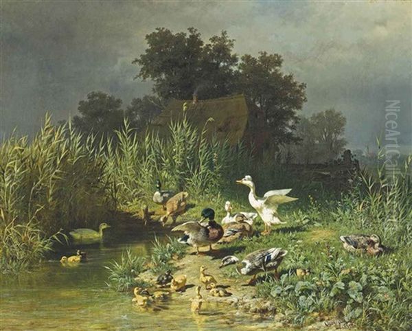 Ducks And Ducklings At A Pond Oil Painting by Carl Jutz the Elder