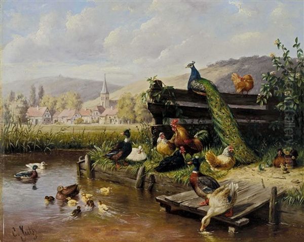 Federvieh Am Weiher Oil Painting by Carl Jutz the Elder