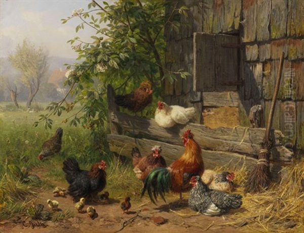 Huhnerhof Oil Painting by Carl Jutz the Elder