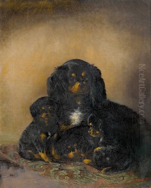 Cavalier King Charles-spaniel Mit Welpen Oil Painting by Carl Jutz the Elder