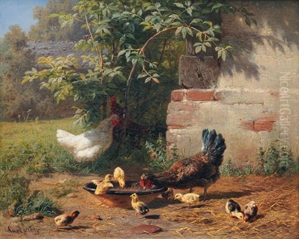 In The Chicken Run Oil Painting by Carl Jutz the Elder