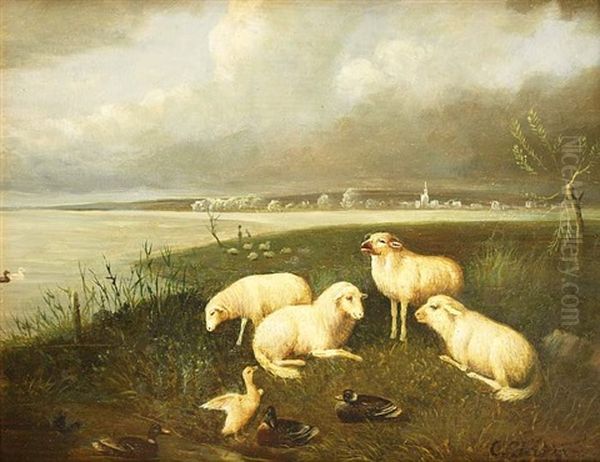 Schafe Mit Enten Am Seeufer, Im Hintergrund Ein Kleines Dorf Oil Painting by Carl Jutz the Elder