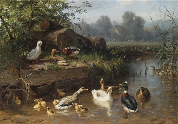 Enten Am Bach Oil Painting by Carl Jutz the Elder