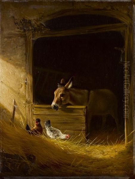 Esel Im Stall Oil Painting by Carl Jutz the Elder