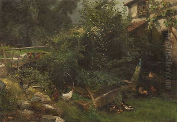 Sommerlicher Hof Mit Enten, Huhnern Und Pfau Oil Painting by Carl Jutz the Elder