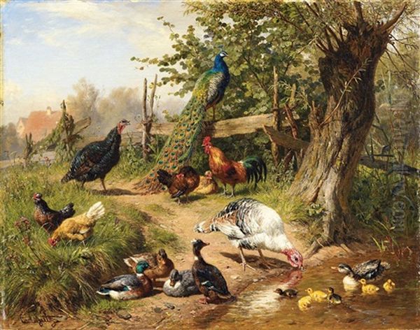 Grosser Huhnerhof Mit Pfau, Truthahnen, Enten Und Huhnern Oil Painting by Carl Jutz the Elder