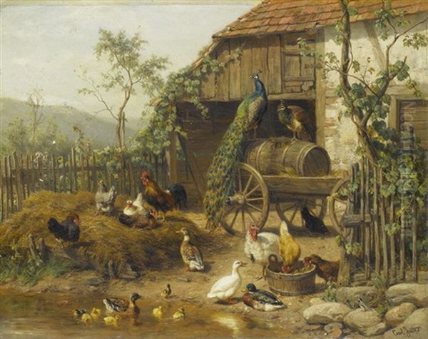 Grosser Huhnerhof Mit Pfau, Enten, Gansen Und Huhnern Oil Painting by Carl Jutz the Elder