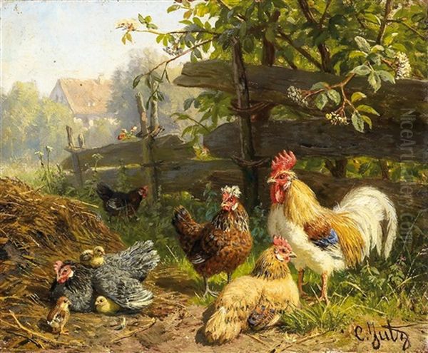 Federvieh Am Gatter Oil Painting by Carl Jutz the Elder