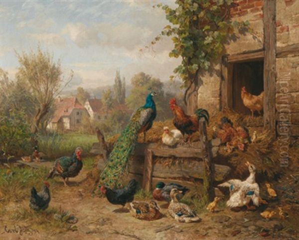 Ein Huhnerhof Mit Pfau Und Truthahn Oil Painting by Carl Jutz the Elder