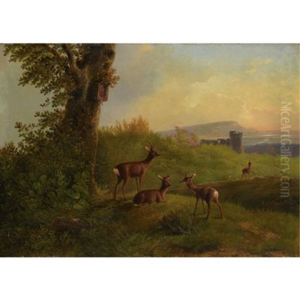 A Deer Family At Pasture Oil Painting by Carl Jutz the Elder