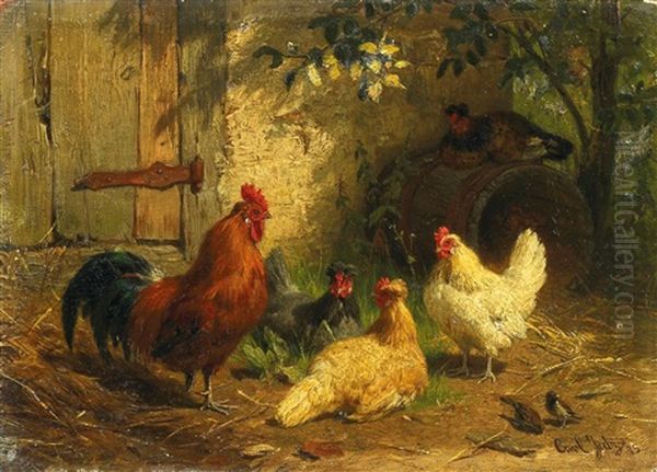 Huhner Vor Dem Stall Oil Painting by Carl Jutz the Elder