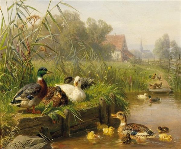 Enten Am Weiher Eines Kirchdorfes Oil Painting by Carl Jutz the Elder