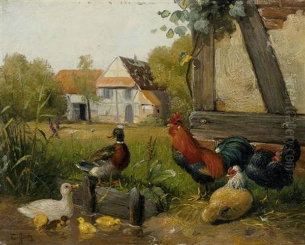 Huhnerhof Oil Painting by Carl Jutz the Elder