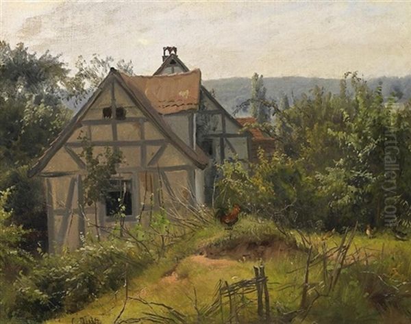 Sommertag Auf Dem Lande. Ein Hahn Vor Einer Fachwerkkate Am Waldesrand Oil Painting by Carl Jutz the Elder