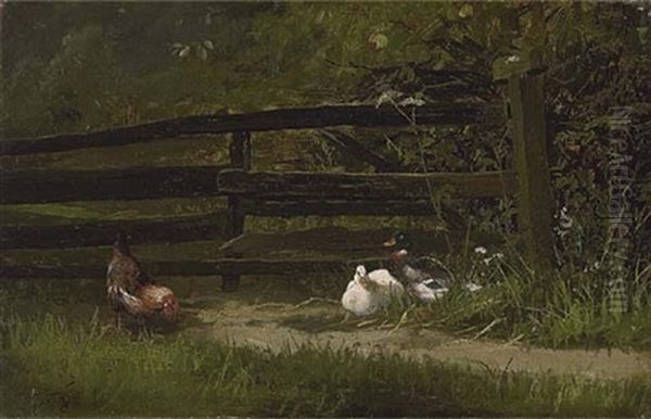 Chickens And Ducks At The Farm Fence Oil Painting by Carl Jutz the Elder