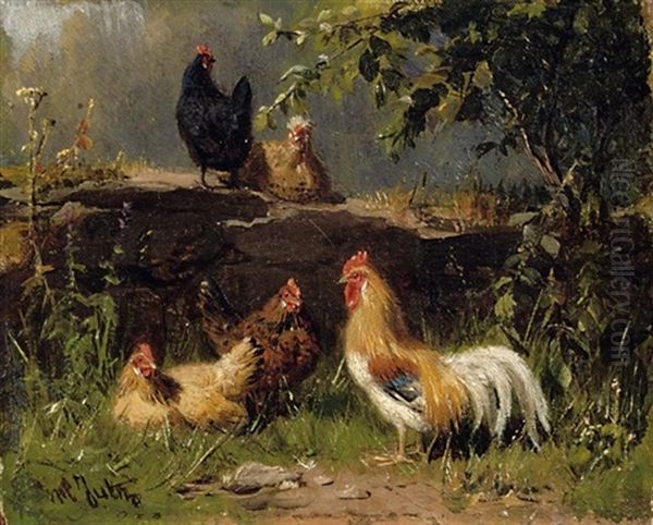 Hahn Und Hennen Bei Einer Gartenmauer Oil Painting by Carl Jutz the Elder