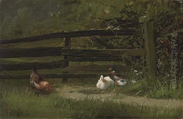 Chickens And Ducks At The Farm Fence Oil Painting by Carl Jutz the Elder