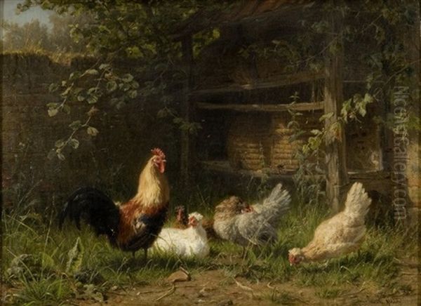 Fra En Honsegard Ved Sommertide, I Forgrunden Knejsende Hane Og Piggende Hons, I Baggrunden Bistader Med Svaermende Bier Under Halvtag Oil Painting by Carl Jutz the Elder