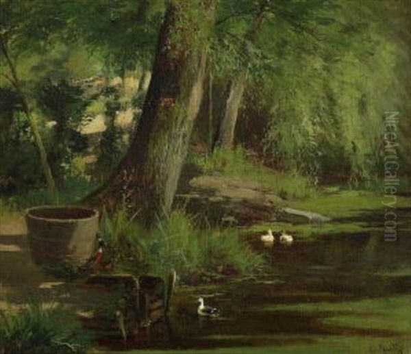 Enten Am Ufer Oil Painting by Carl Jutz the Elder