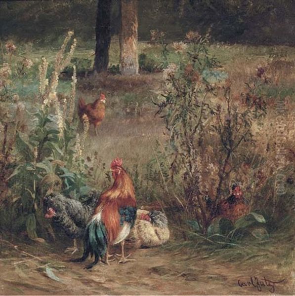 Poultry In The Undergrowth Oil Painting by Carl Jutz the Elder