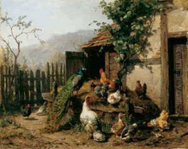 Der Huhnerhof. Auf Und Vor Einem Misthaufen Huhner, Enten, Ein Pfau Und Ein Truthahn Oil Painting by Carl Jutz the Elder