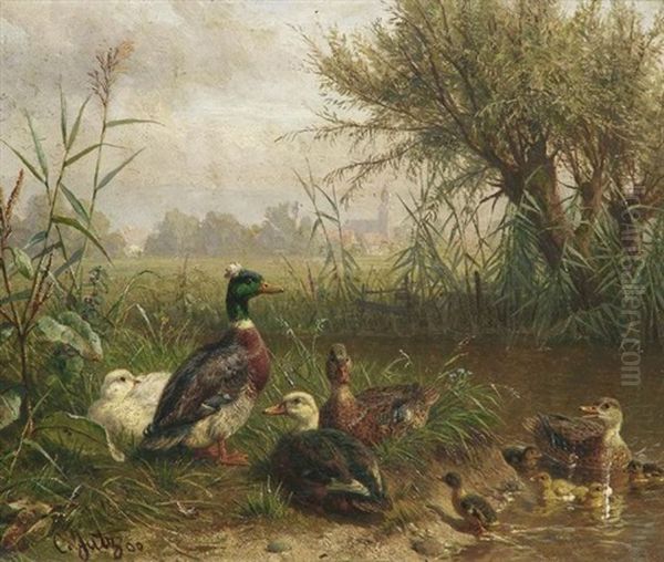 Federvieh Am Ufer Eines Teiches Oil Painting by Carl Jutz the Elder