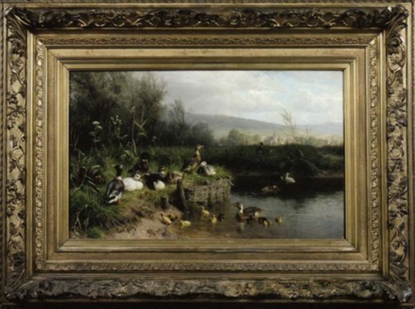 Enten Am Ufer Eines Teiches Oil Painting by Carl Jutz the Elder