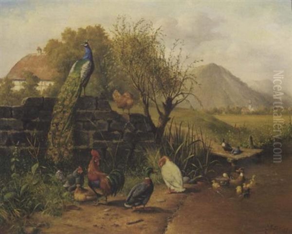 Federvieh Am Dorfweiher Oil Painting by Carl Jutz the Elder