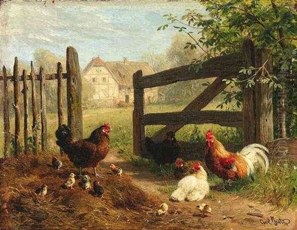 Huhnerfamilie Vor Einem Geoffneten Weidegatter. Im Hintergrund Fachwerkhaus Im Sonnenlicht Oil Painting by Carl Jutz the Elder