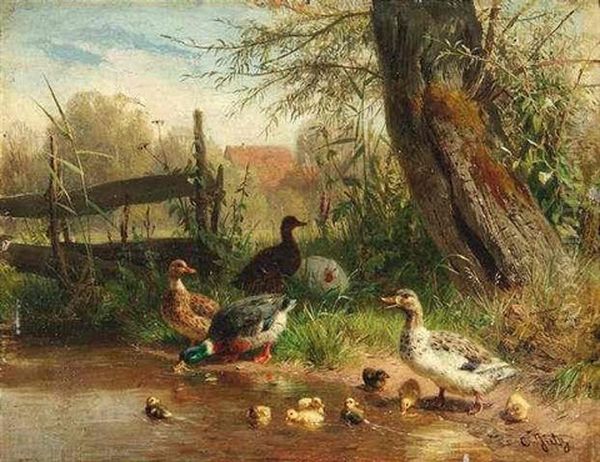 Enten An Einem Teich. Im Hintergrund Bauernhaus Hinter Baumen Oil Painting by Carl Jutz the Elder