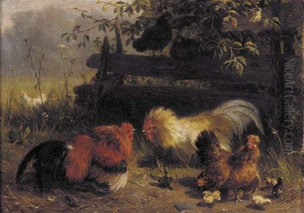 Chickens Oil Painting by Carl Jutz the Elder