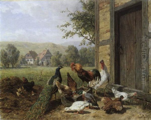 Huhnerhof Oil Painting by Carl Jutz the Elder