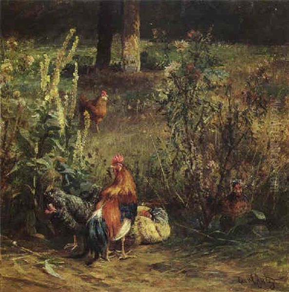 Chicken In A Yard Oil Painting by Carl Jutz the Elder