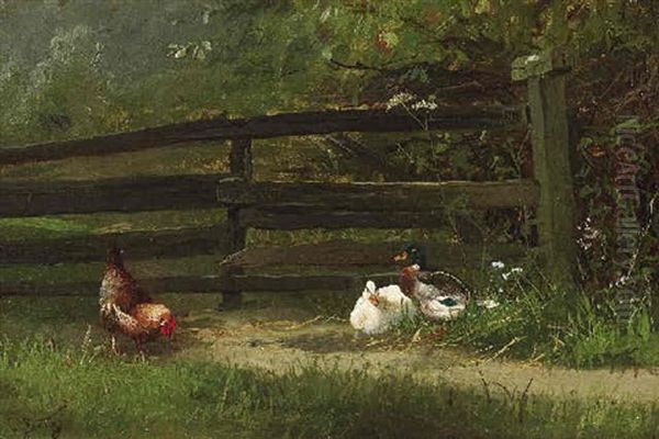 Enten Und Hennen Vor Einem Gatter Oil Painting by Carl Jutz the Elder