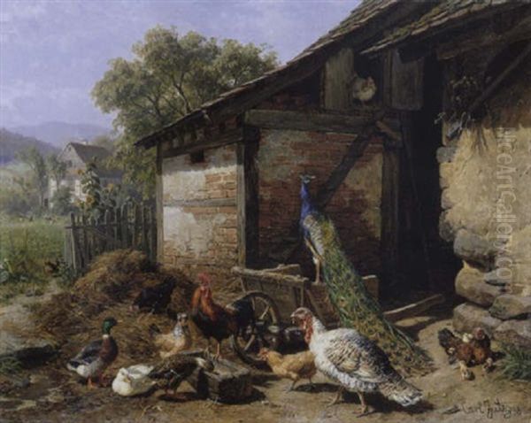 Huhnerhof Oil Painting by Carl Jutz the Elder