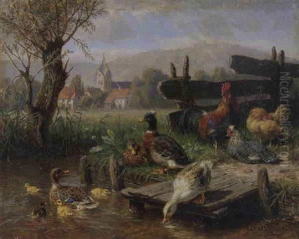 Huhner Und Enten Am Teich Oil Painting by Carl Jutz the Elder