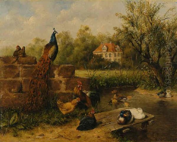 Pfau, Hahn, Huhner, Erpel, Enten Und Kuken Oil Painting by Carl Jutz the Elder