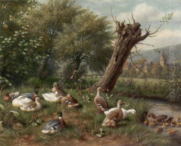 Enten Am Bachufer Vor Einem Dorf Oil Painting by Carl Jutz the Elder