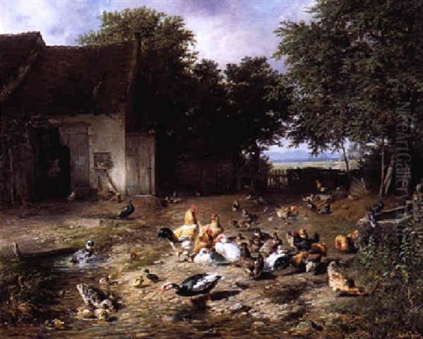 Chicken In A Yard Oil Painting by Carl Jutz the Elder