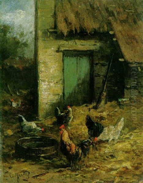 Poultry In A Farmyard Oil Painting by Carl Jutz the Elder