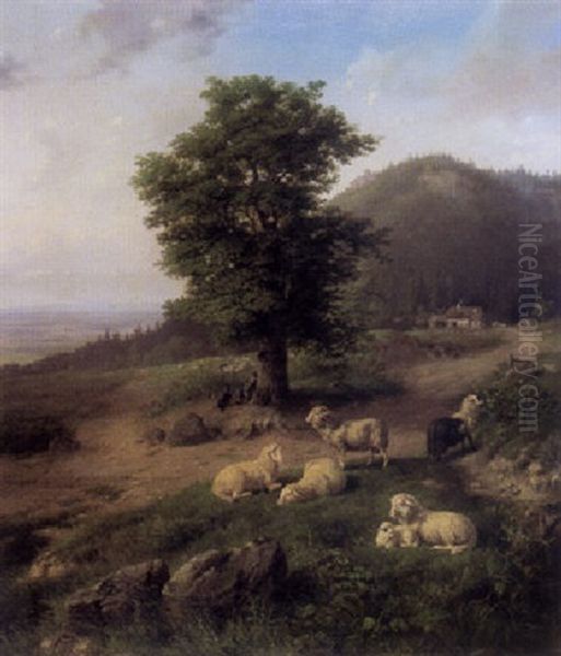 Ein Schafer Mit Seiner Herde Unter Einer Alten Linde Oil Painting by Carl Jutz the Elder