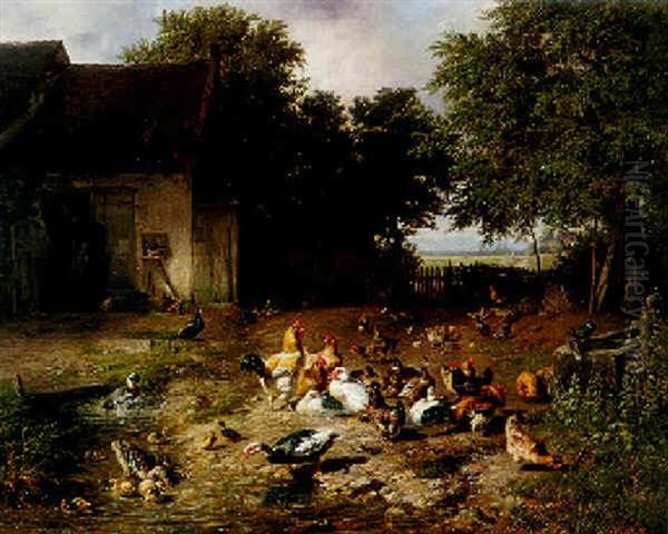 The Crowded Barnyard Oil Painting by Carl Jutz the Elder