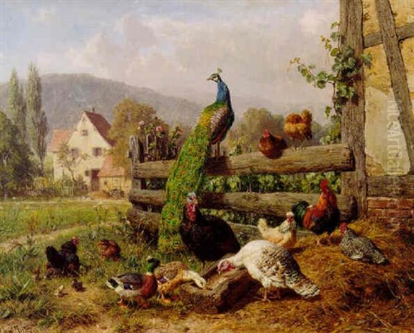 Fowl In Farmland Oil Painting by Carl Jutz the Elder