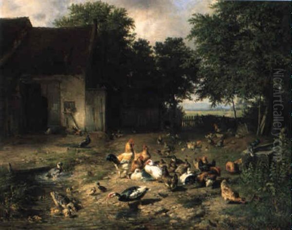 Poultry In A Farmyard Oil Painting by Carl Jutz the Elder