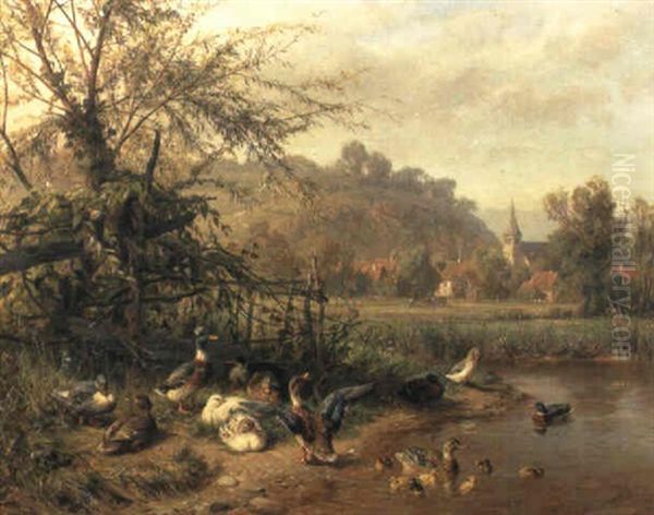 Enten Am Bachufer Oil Painting by Carl Jutz the Elder