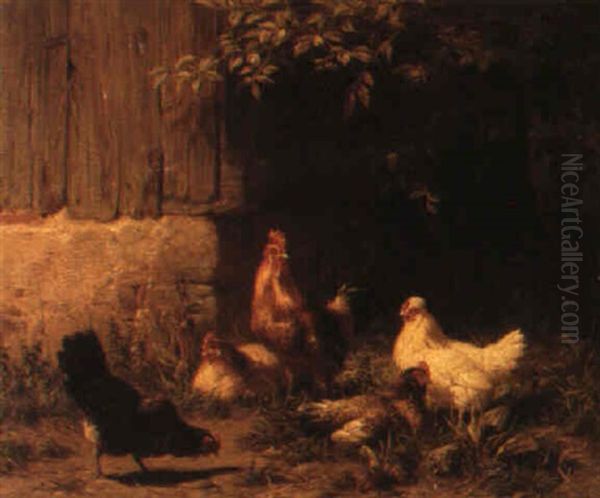 Poultry Outside A Barn Oil Painting by Carl Jutz the Elder