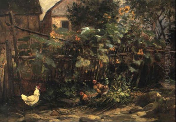 Huhnerstall Vor Bluhenden Sonnenblumen Oil Painting by Carl Jutz the Elder